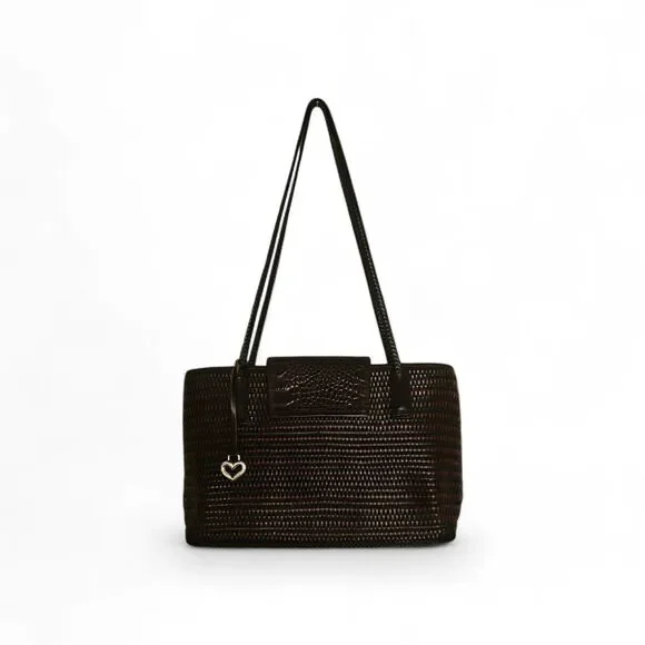 Brighton Vintage Woven Leather Tote | Brown Croc Embossed Flap | Silver Hardware - Picture 3 of 12